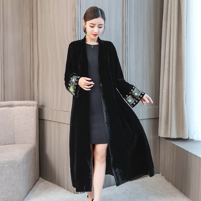 Sleeve exquisite Embroidery Vintage Velvet Kimono Trench New women V neck Mid Long Windbreaker Coat Outerwear 201103