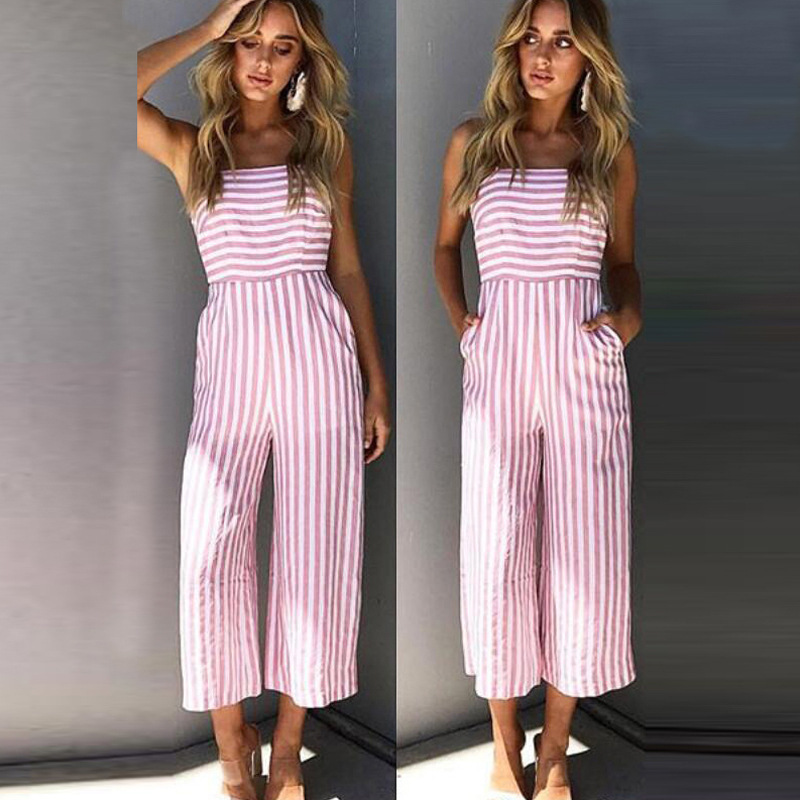 Fashion Elegant Sleevelss Romper Women Jumpsuits Pants Ladies Pink Blue Red Striped Halter Women Romper Jumpsuit Female Overalls T200509