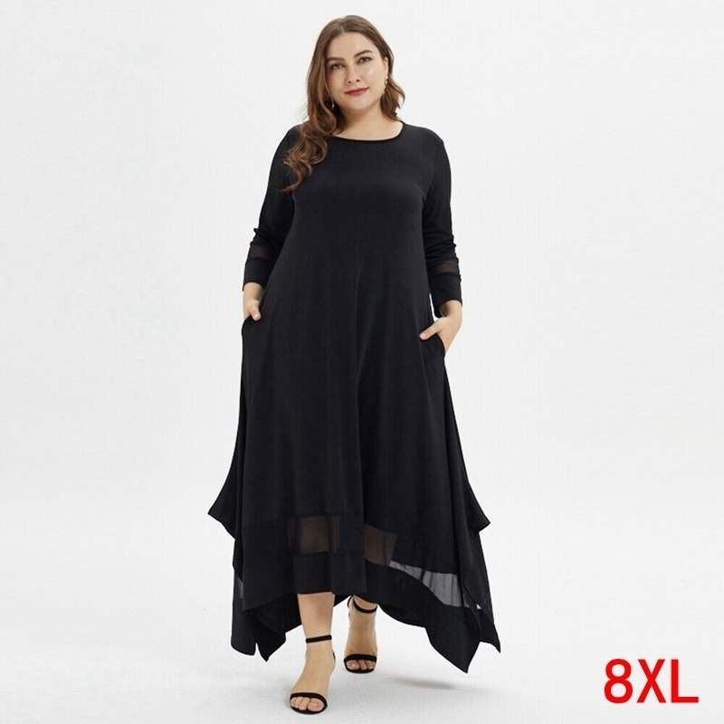 Plus size 4XL 5XL 7XL 8XL bust 132 large size women's dress autumn and winter round neck long sleeve loose stitching black robe 201008