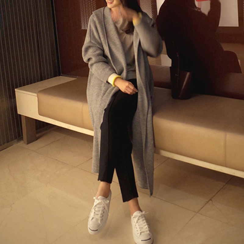 Grey Long Cardigan Women Cashmere Solid Knit Sweater Women Long Sleeve Winter Pockets Female Cardigan Kimono 201030