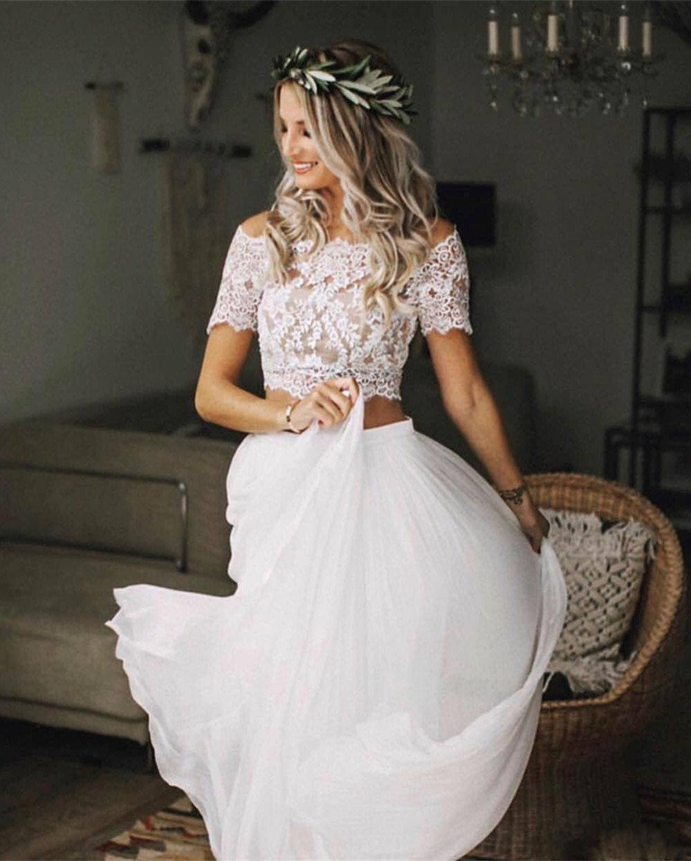 Two Piece Dresses A E Short Sleeves Chiffon Lace Applique Off The Shoulder Boho Beach Wedding Gown Vestido De Novia Pplique 6660306