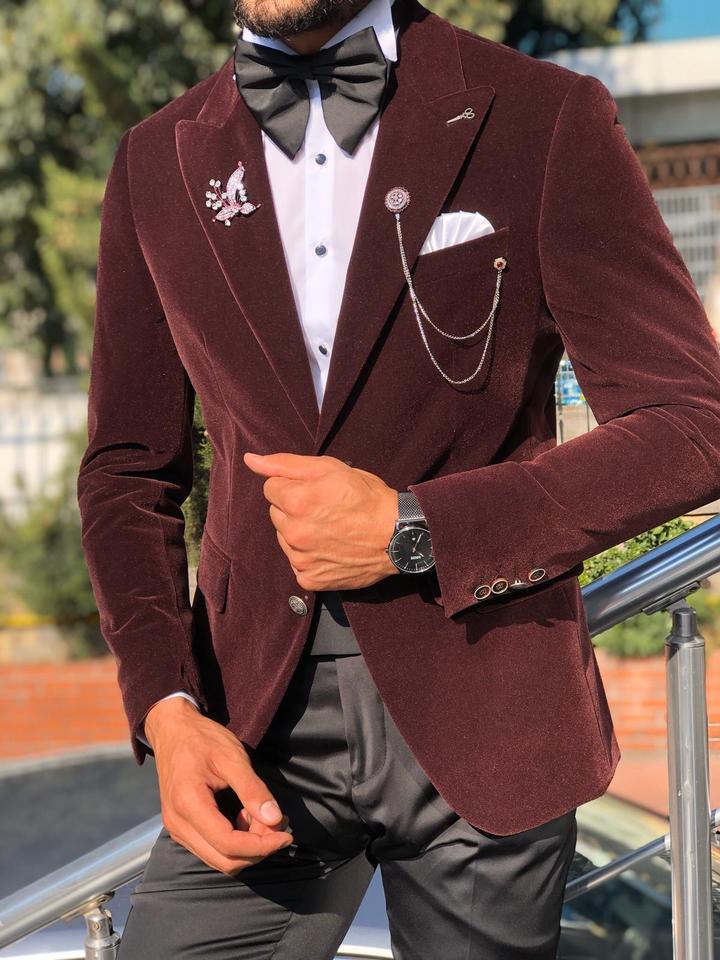 burgundy velvet men suits 2 pieces custom made wedding suits lapel royal high quality formal double breasted business coatpant