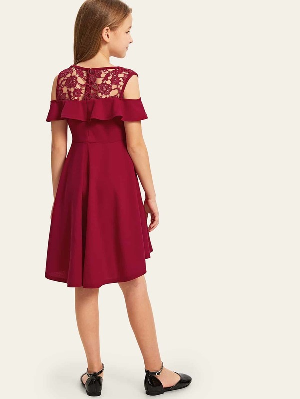 Girls Guipure Lace Cold Shoulder Ruffle Trim Dress SHE