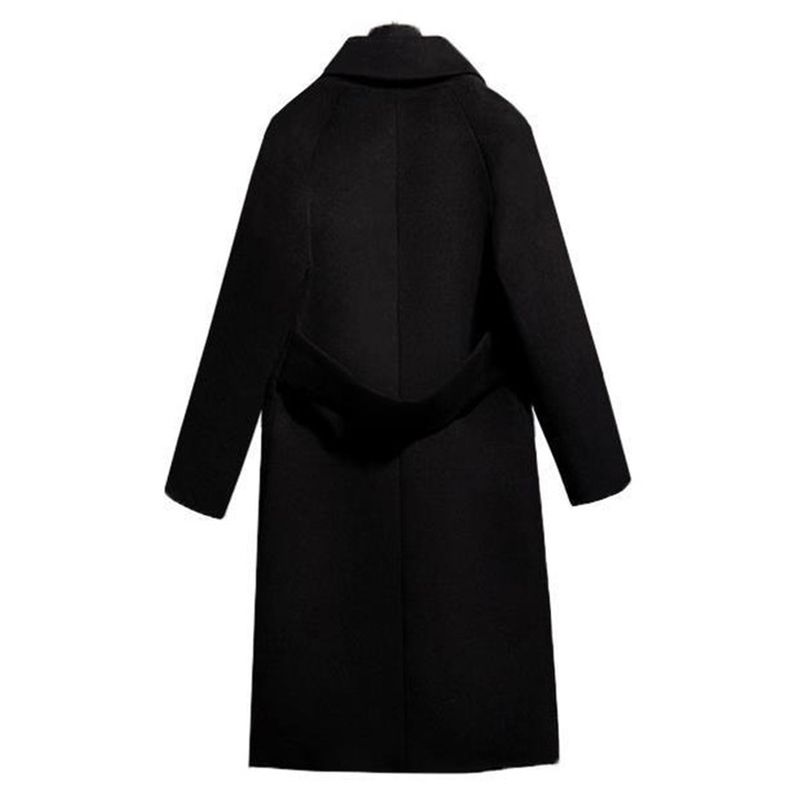 Black Coat Women Button Pockets V-Neck Double Breasted Loose Solid Long Wool Coat Fashion Woman Coats Winter Plus Size 201111
