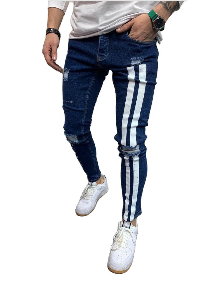 Jeans Men Skinny Striped Zipper Denim Hole Wash Vintage Hip Hop Work Trousers Slim Printed jeans European Big Size men clothing
