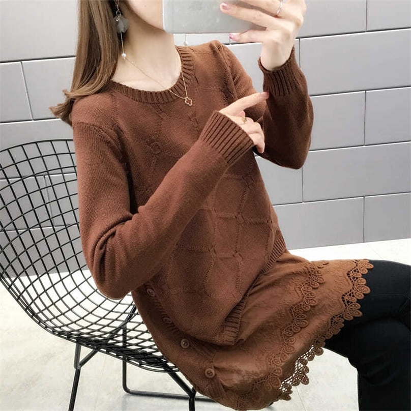 Lace Stitching Knitted Sweater Women Single-breasted Decorative Mid-length Loose Bottoming Pullover Jumpers Female Spring 201225