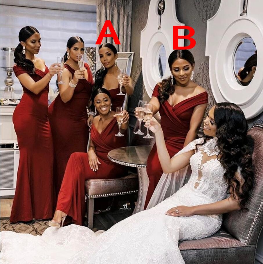 Africa Bridesmaid Dresses 2021 New Burgundy Mermaid Off Shoulder Mixed Order Wedding Party Guest Gown Junior Maid of Honor Dress Cheap