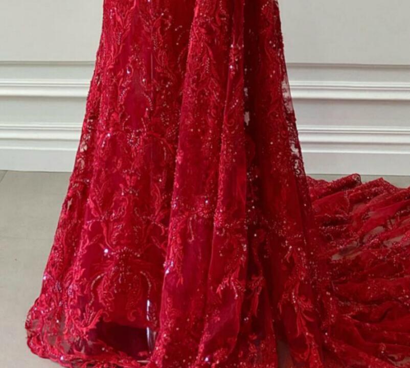 arabic aso ebi red luxurious mermaid evening dresses sheer neck prom dresses lace beaded formal party second reception gowns zj493