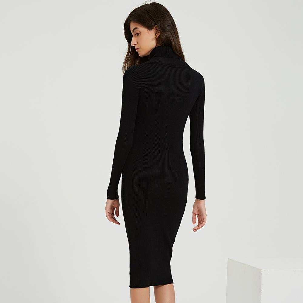 Wixra Autumn Winter Turtleneck Knee-Length Solid Sweater Dress Women Knit Long Sleeve Women's Slim Midi Dresses Bodycon 201008