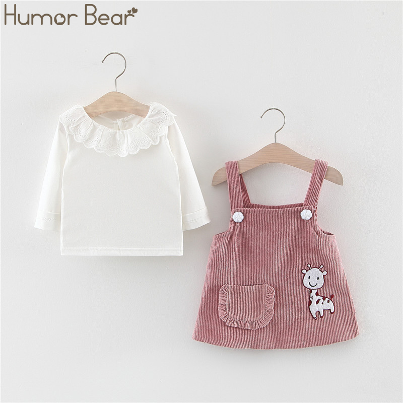 Humor Bear Girls Autumn Korean Children's Clothing Doll Collar Long Sleeve Strap Dress Suit Baby Kids Clothing Suit LJ201223