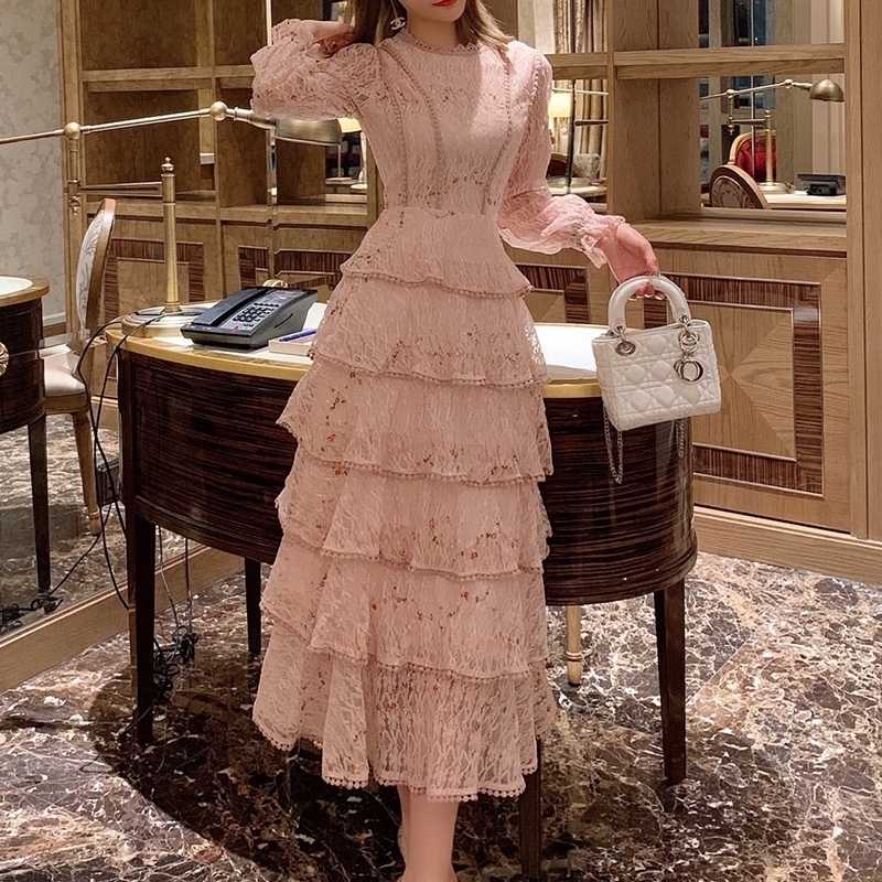 Pink Lace Embroidery Maxi Dress Female spring Winter Full sleeve high waist Ruffle elegant Long party dresses Woman 201006