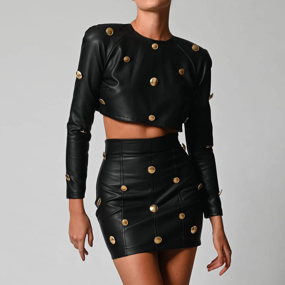 Summer Women Black PU Beading Club 2 Two Pieces Sets Sexy Long Sleeve Tops&Mini Skirt Celebrity Runway Party 210423