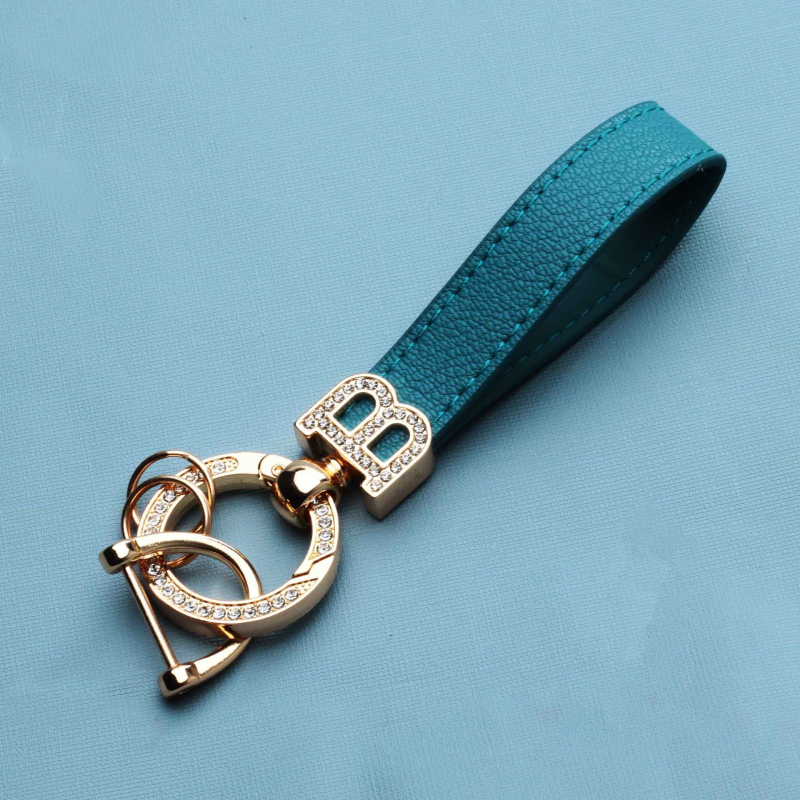 Classic Design Colorful Leather Keychain Car Key Gold Initial B Buckle Handbag Decorate Pendant Diamond Keyrings for Gift