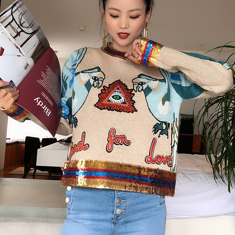 Star same heavy industry Sequin 3D parrot embroidery back zipper knit gold thread long sleeve round neck sweater female B-009 201130