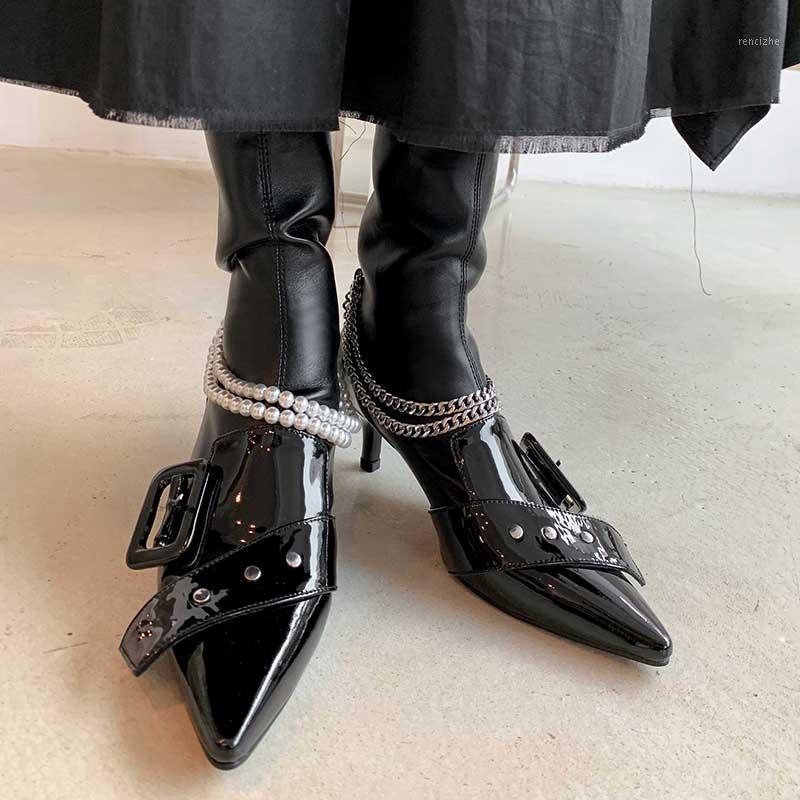 2020 Women's Mid-calf Boots Buckle Pointed Toe Metal Chain Stilettos Shiny Leather Shoes Black M341, Chain pearls normal
2020 Women's Mid-calf Boots Buckle Pointed Toe Metal Chain Stilettos Shiny Leather Shoes Black M341, Chain pearls normal