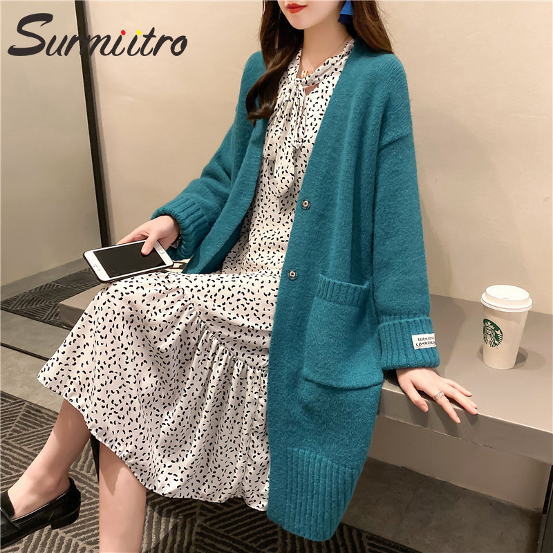 SURMIITRO Korean Style Knitted Long Cardigan Women Autumn Winter Sweater Long Sleeve Cardigan Female Coat Blue Knitwear 201031