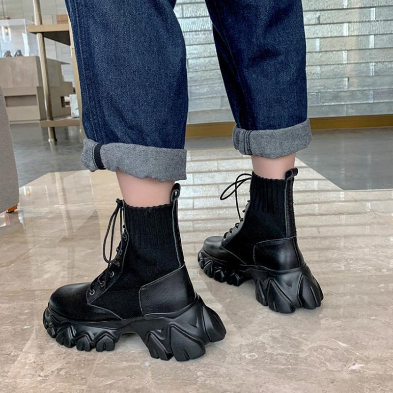2020 New winter shoes women's ankle boots cow leather round toe lace up knitting stretch boots punk ankle femme1, Black
2020 New winter shoes women's ankle boots cow leather round toe lace up knitting stretch boots punk ankle femme1, Black