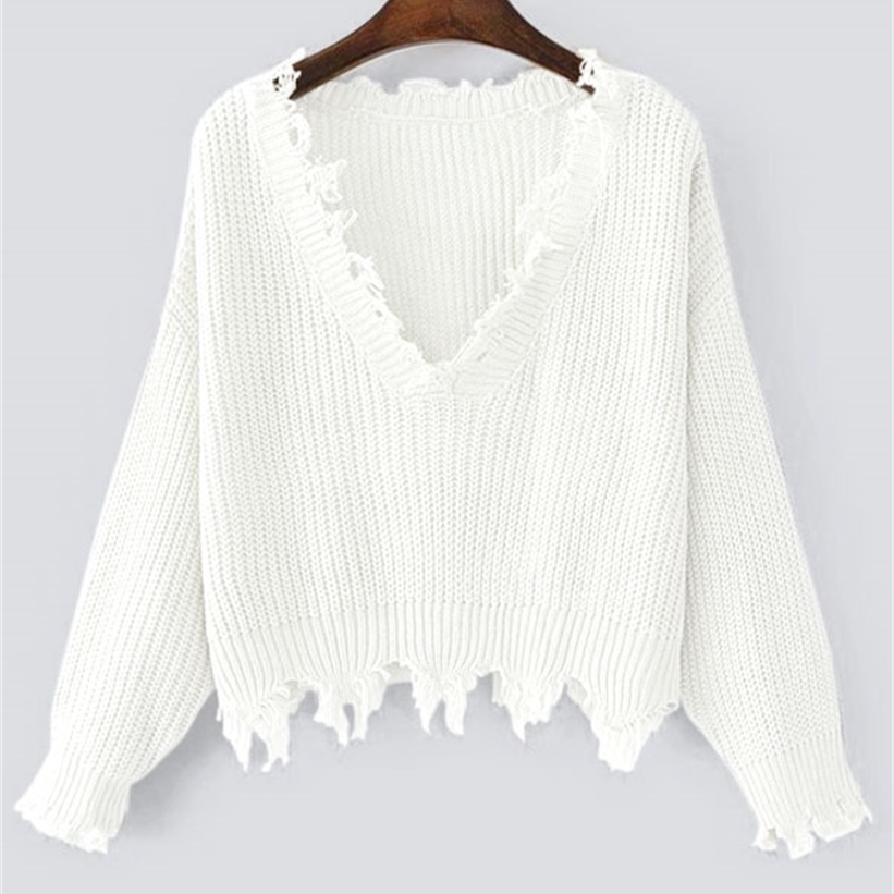 Knitted Sweater for Women Spring Autumn Ripped V Neck Loose Sweater Pullovers Oversized Ladies Tassel Tops White Black 201222