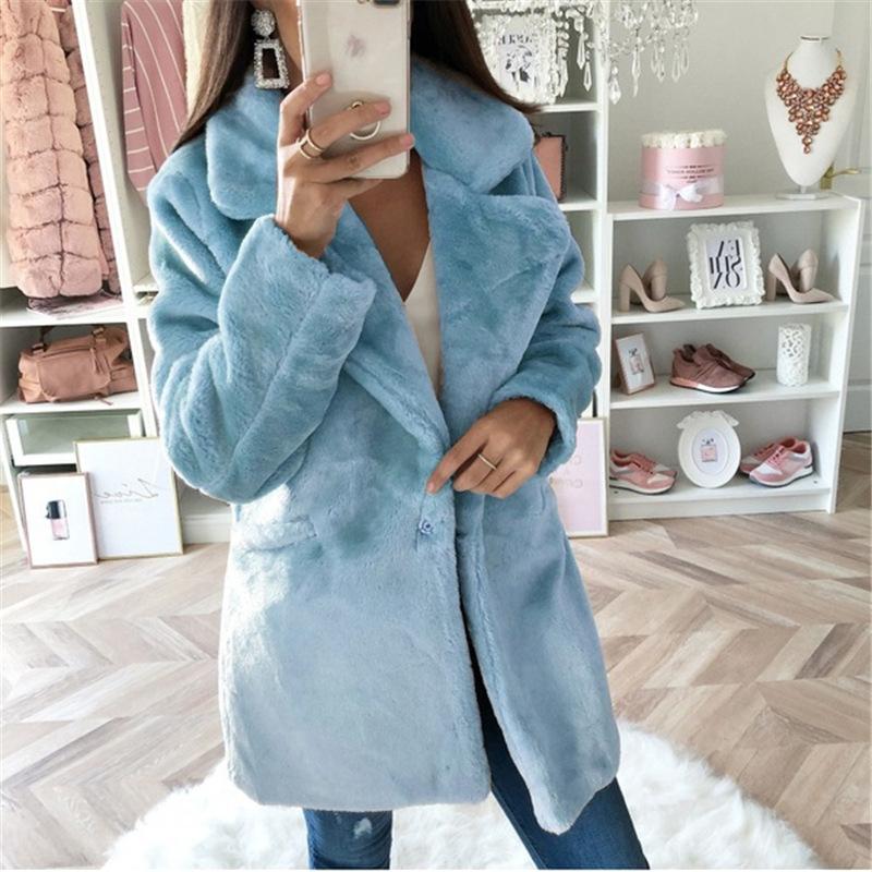 2021 Winter Woolen Coat Women' Mid-Length Solid Color Loose Plush Thick Coat Faux Fur Casual Commuter Jacket, Sky blue