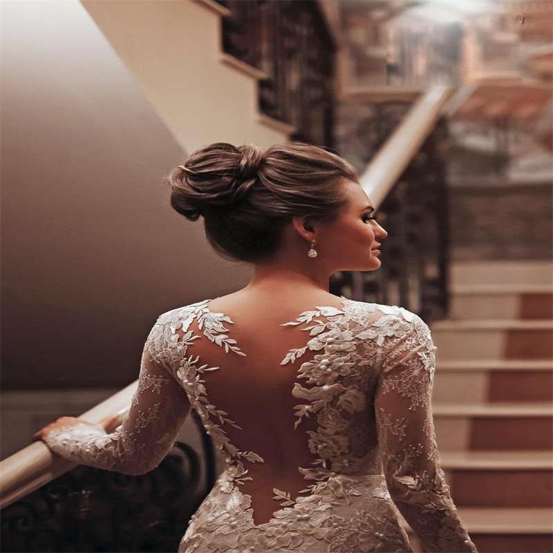 High Neck Mermaid Wedding Dresses Long Sleeves Appliqued Lace Bridal Gowns Sexy Illusion Sweep Train Custom Made Robes De Mariée