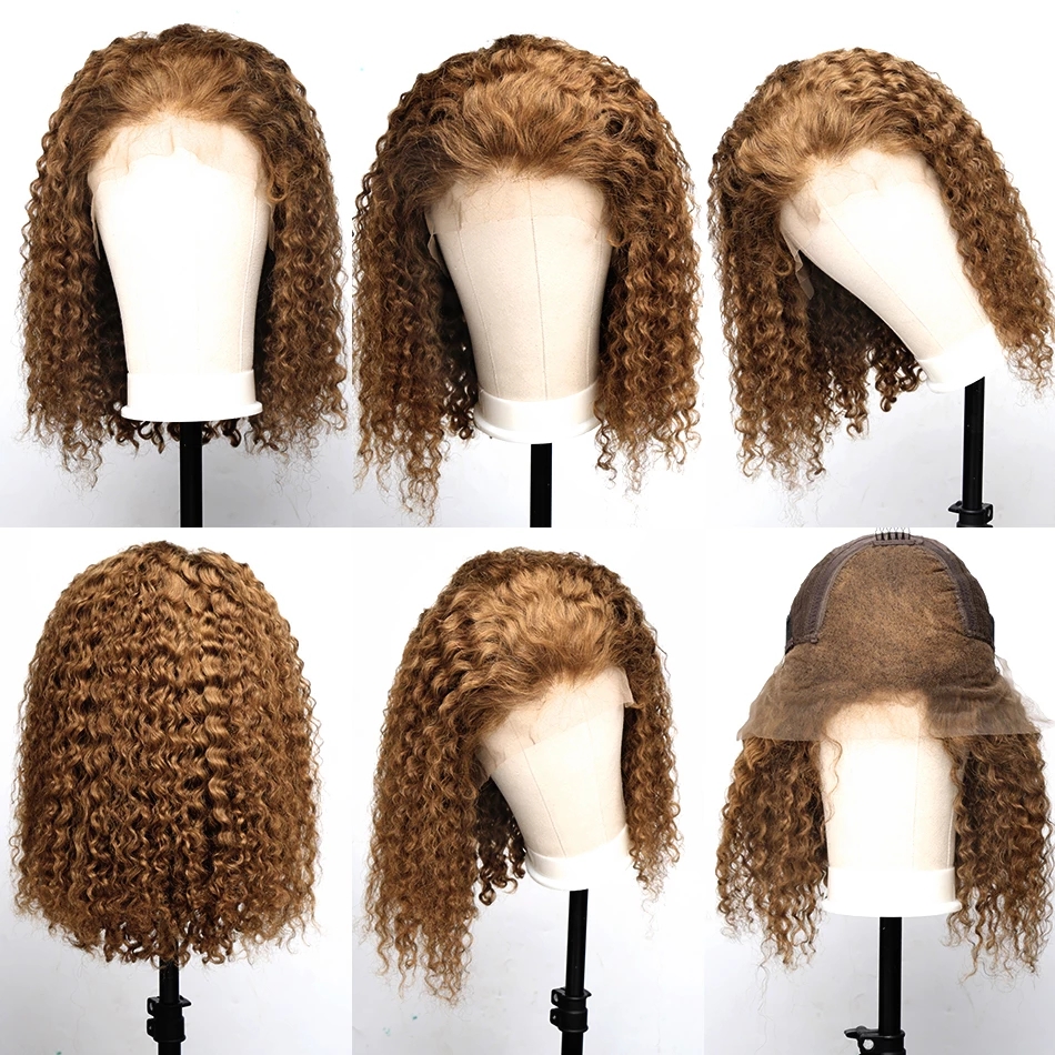 Brown color Short Kinky Curly Human Hair Bob Closure Wigs For Black Women PrePlucked 13x4 synthetic Lace Front Wig With Babyhair