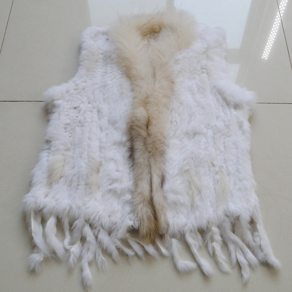 Women Real Rabbit Fur Vest Knitted Tassels Quality Real Genuine Rabbit Fur Gilet Real Raccoon Fur Collar Waistcoat 201016