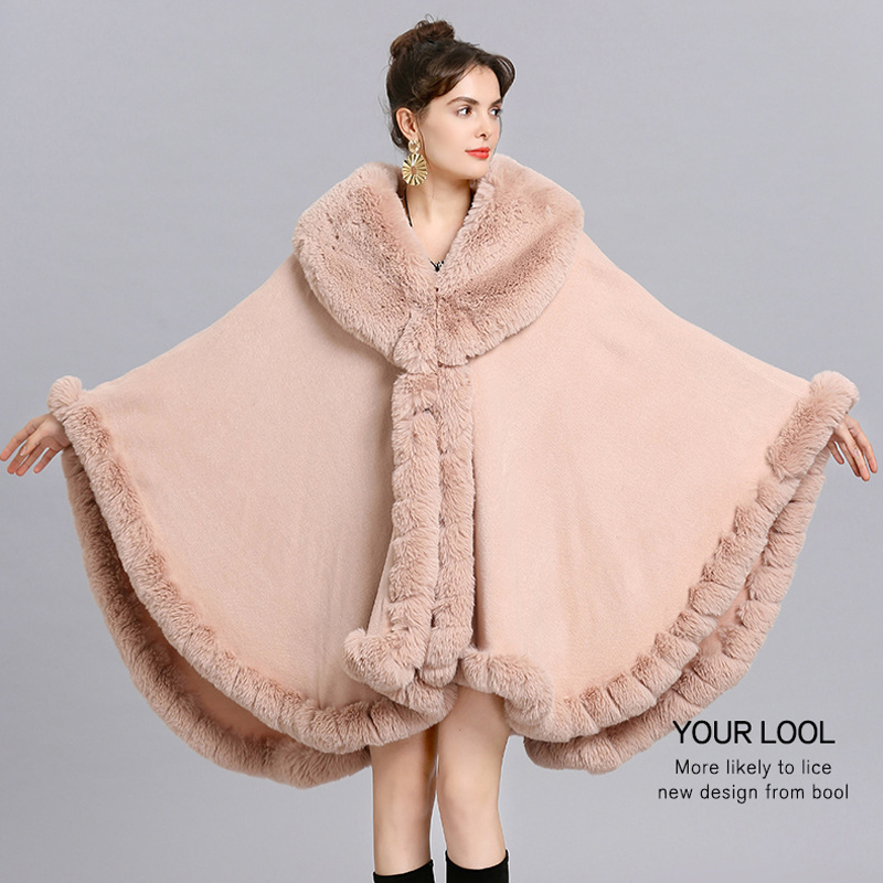 Elegant V Lapel Rex Rabbit Fur Coat Cape Winter Women Big Long Shawl Full Trim Faux Fur Cashmere Cloak Overcoat Parka New 201209