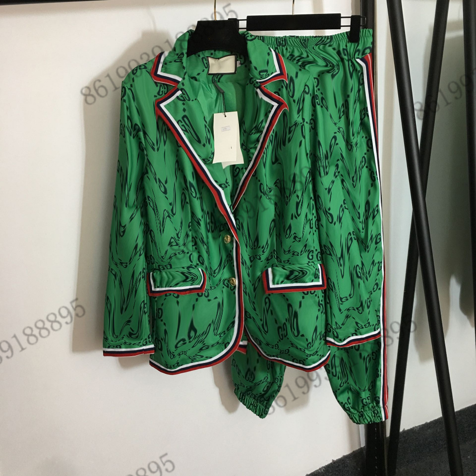 Casual Women pants sets tracksuit Two Piece Suits Letter-print lapel long-sleeved suit jacket + striped webbing edge elastic waist trousers 2022 spring new jackets, Green 
Casual Women pants sets tracksuit Two Piece Suits Letter-print lapel long-sleeved suit jacket + striped webbing edge elastic waist trousers 2022 spring new jackets, Green