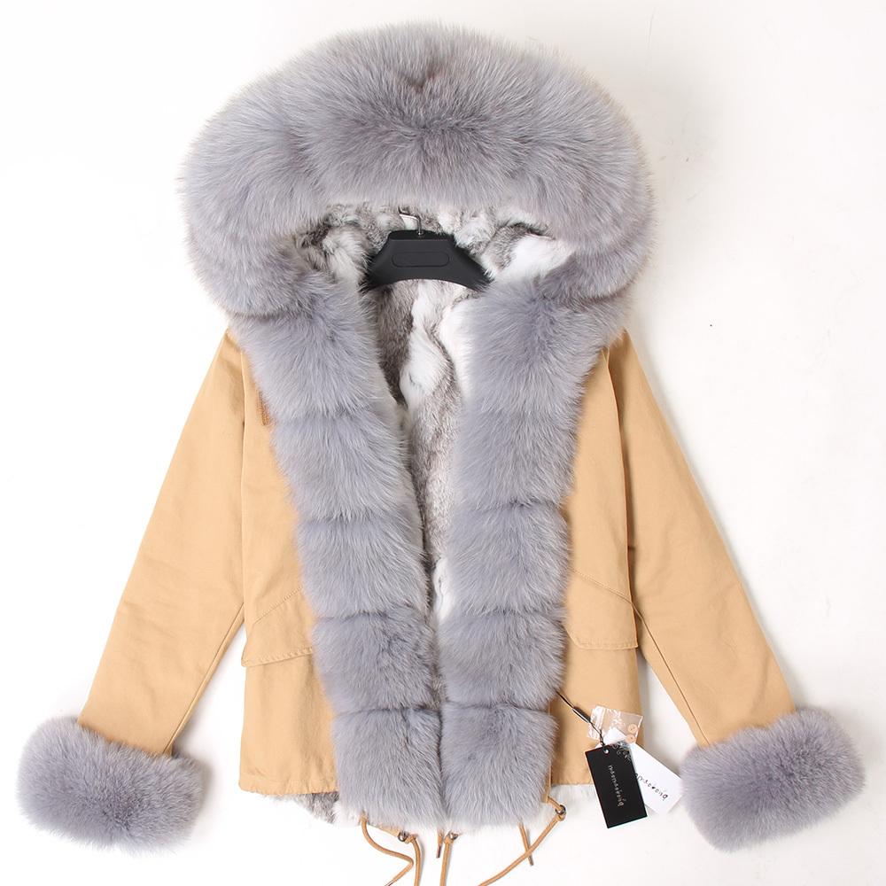 Maomaokong Women Short Parka Winter Long Jacket Parkas Real Fur Coat Natural Fur Hood Real Rabbit Fur Liner Outerwear 201103