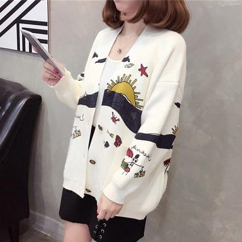 AZYT Cartoon Print Knitted Cardigan women's Jacket Autumn Korean Loose V Neck Sweater Coat Front Pocket Women's Cardigans 201031