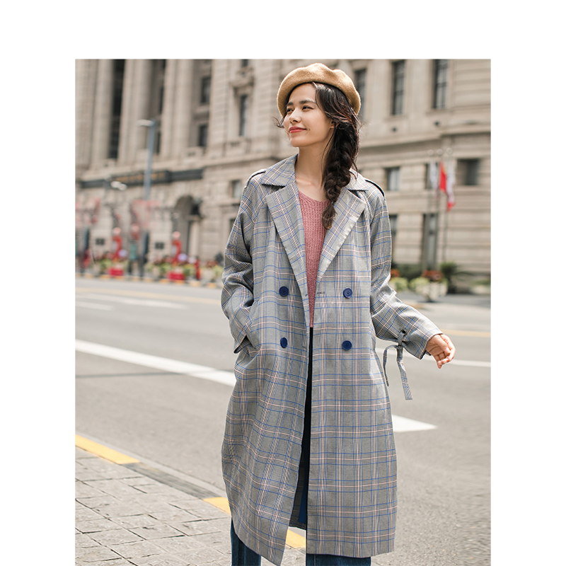 INMAN Spring Autumn Lapel Loose With Belt Retro Plaid Long Section Woman Trench Coat 201111