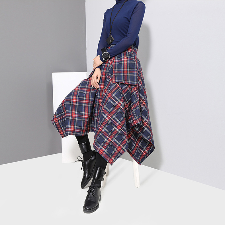wreeima High Waist Red Plaid Split Joitn Asymmetry Loose Big Hem Halfbody casual Skirt Women Fashion midi Skirt autumn T200113