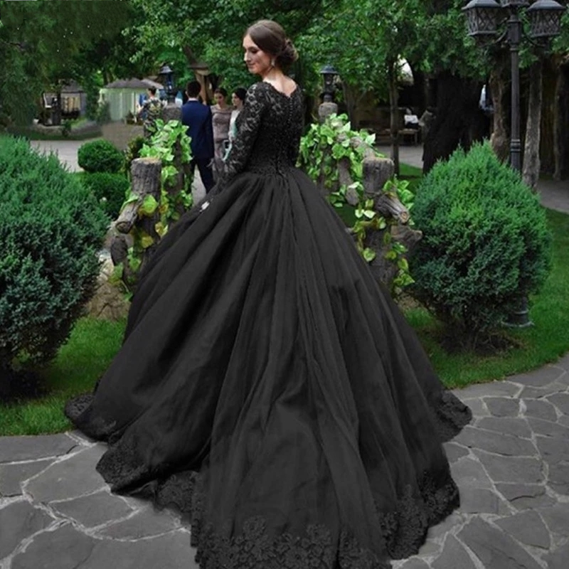 Black Gothic Wedding Dresses Victorian Lace Beded Ball Gowns Vintage Long Sleeve Plus Size Bridal Formal Dress Custom Made Vestidos De Novia Robes Mar