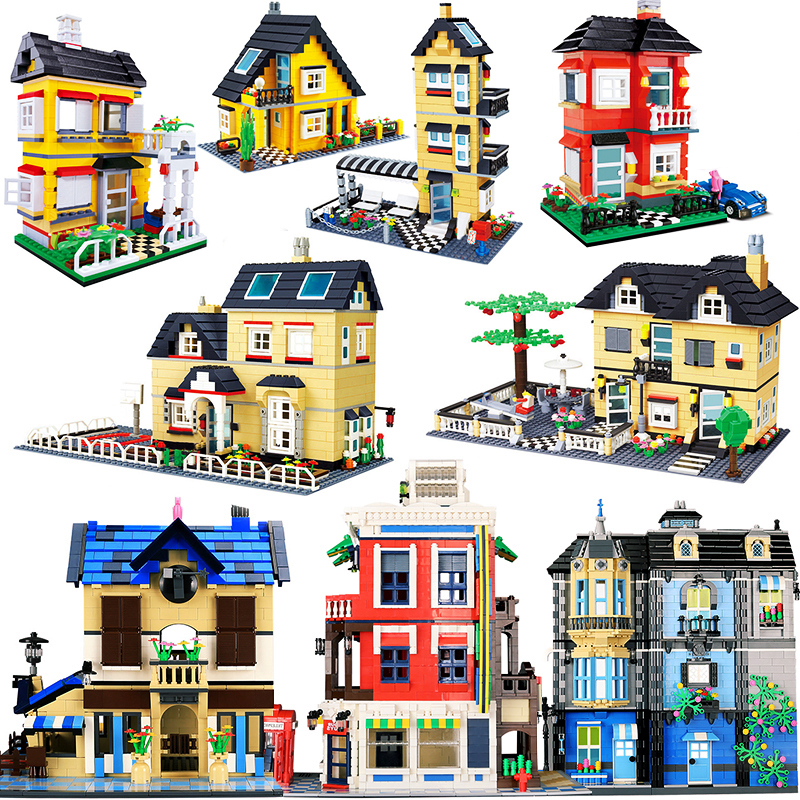 City Chinese New Year Architecture Villa Cottage Building Blocks set Friends Beach Hut Modular Village Model Toys for children Q1221
