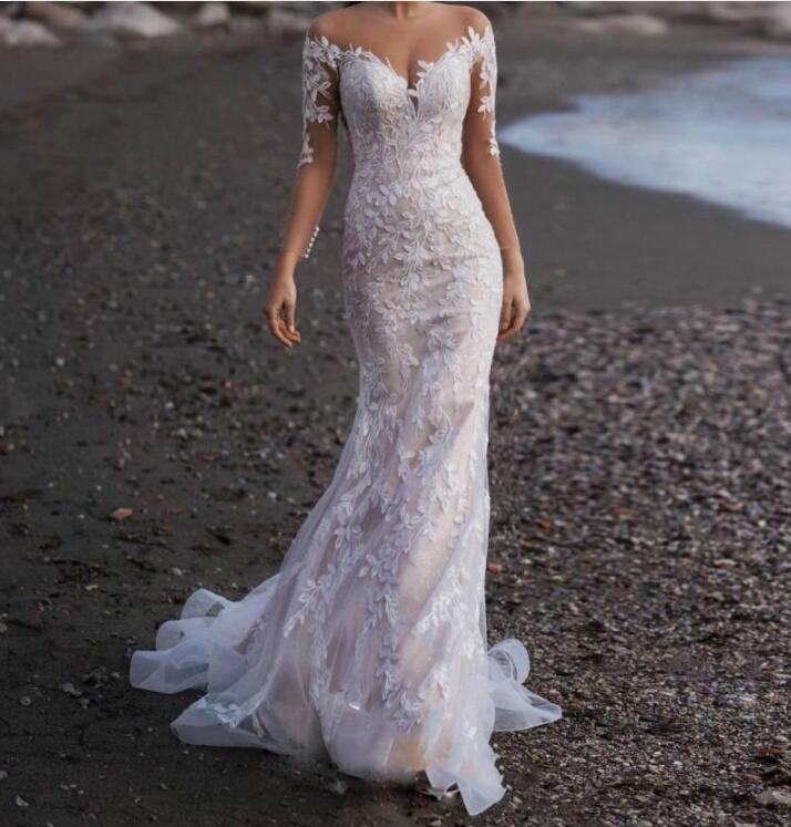 Beach Mermaid Wedding Dresses Full Appliqued Lace Long Sleeves Boho Bridal Gowns Sexy Bohemia Ruched Tulle Custom Made Vestidos De Novia