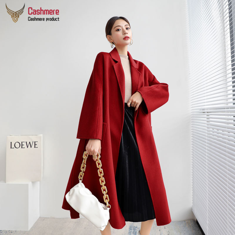 High quality water ripple double-faced cashmere women's long windbreaker new wool women winter red coat 201223