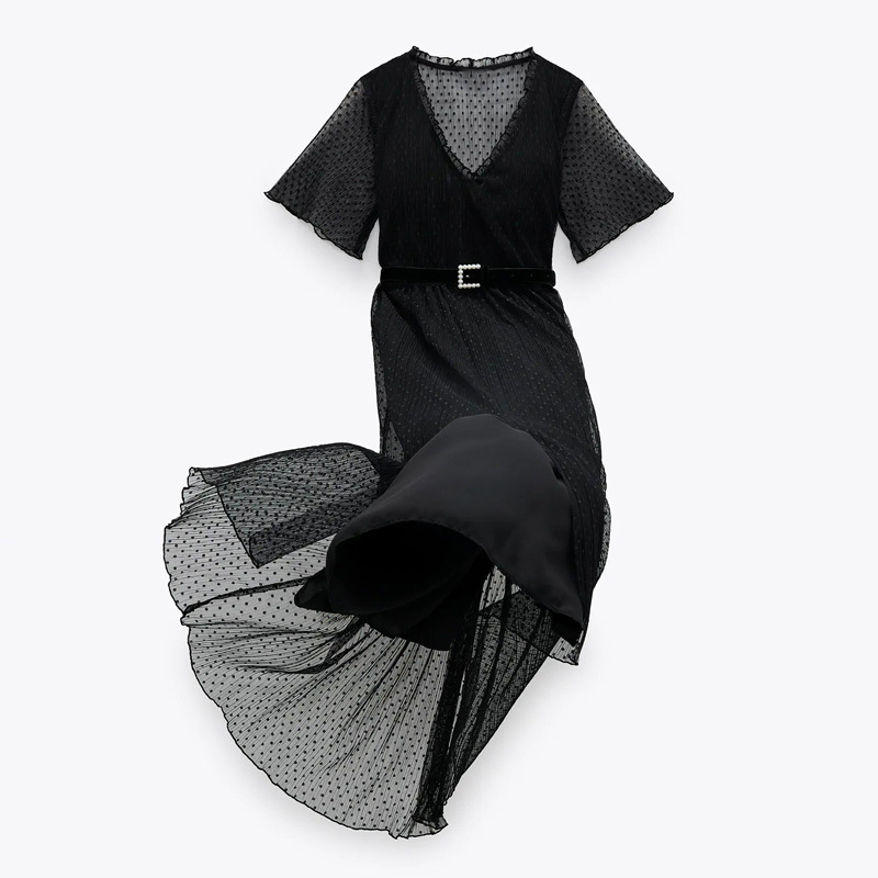 2021 New Woman V-neck Midi Dress Women Clothes Summer Black Transparent Short Sleeves Dotted Mesh Dresses with Belt Dy96
2021 New Woman V-neck Midi Dress Women Clothes Summer Black Transparent Short Sleeves Dotted Mesh Dresses with Belt Dy96