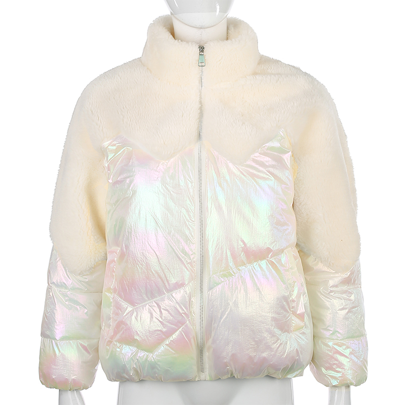 Fashion Holographic Winter Coat Women Warm Parka Faux Fur Patchwork Womens Down Jacket Outwear Zipper Coats Overcoat T200116