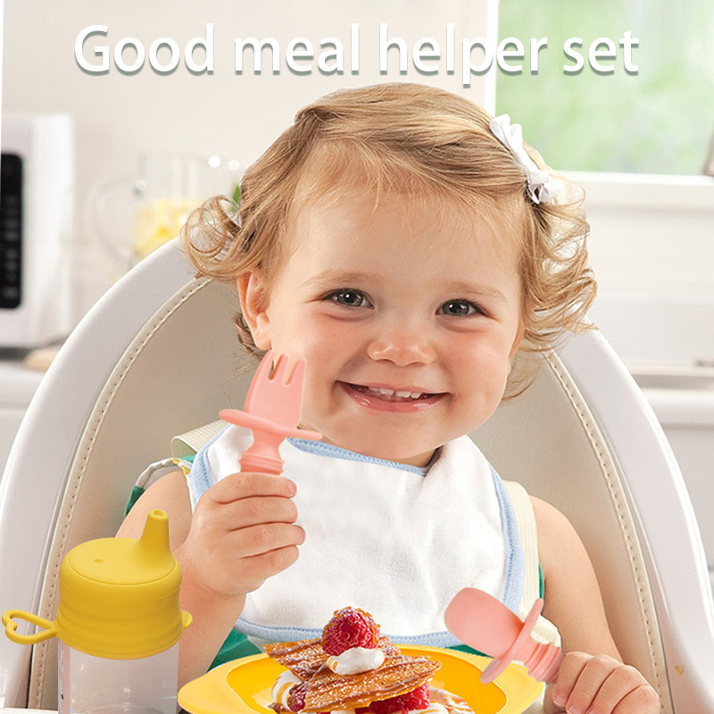 Baby Accessories Toddler Feeding Silicone Dinner Plate Waterproof Soft Infant Fork Spoon With Portable Kids Silicone Cup Cover LJ201221