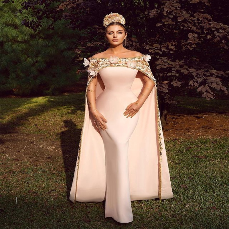 Elegant Mermaid Prom Dresses With Wrap Hand Made Flower Long Sleeves Beaded Evening Dresses Formal Prom Party Gowns Special Occasion Dress