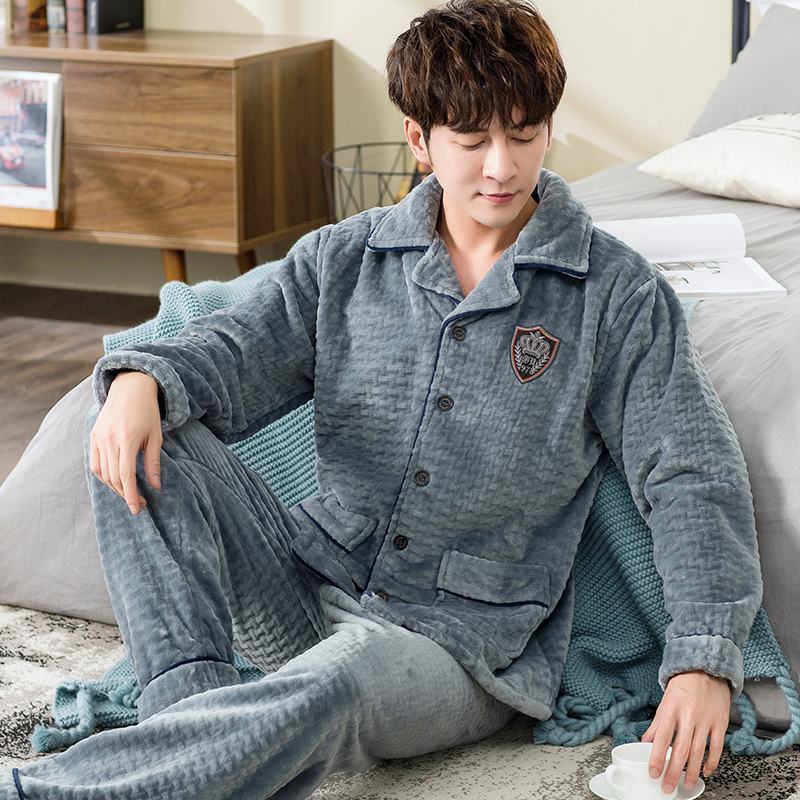 Winter Man's Coral Fleece Pajamas 2 Pieces Lounge Sleepwear for Men Pijama Bedgown Home Clothes PJ Grey Warm Thicken Pajama 201109