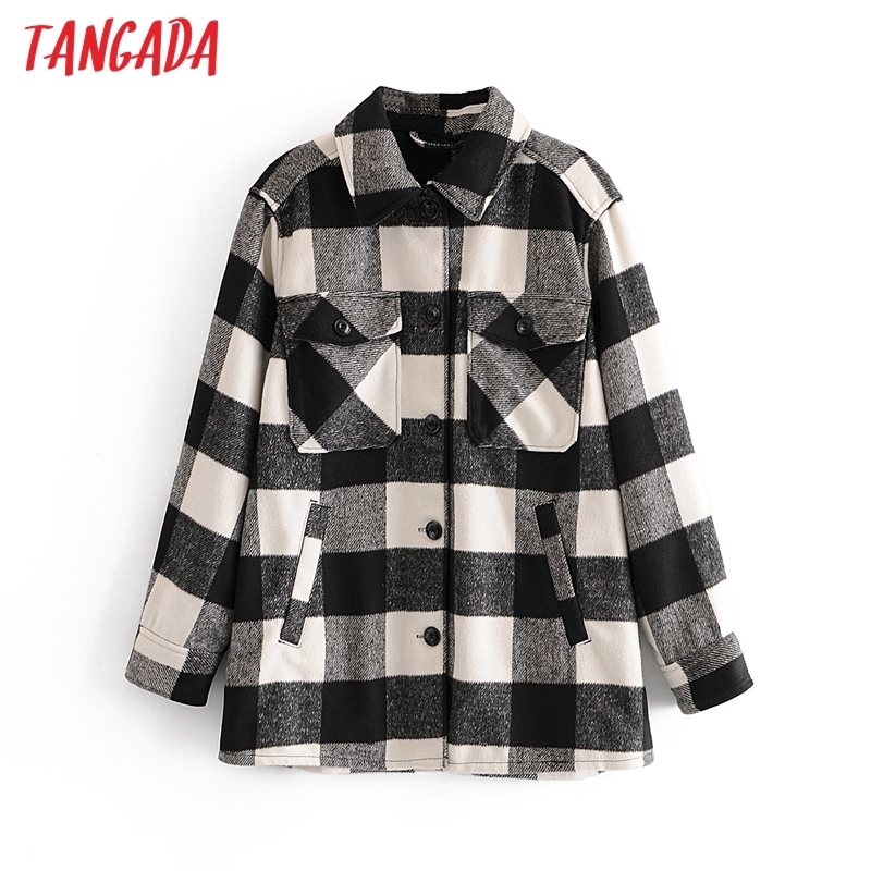 Tangada autumn winter Women oversized plaid Print chic casual jacket pocket Outwear female casual Coat 3A58