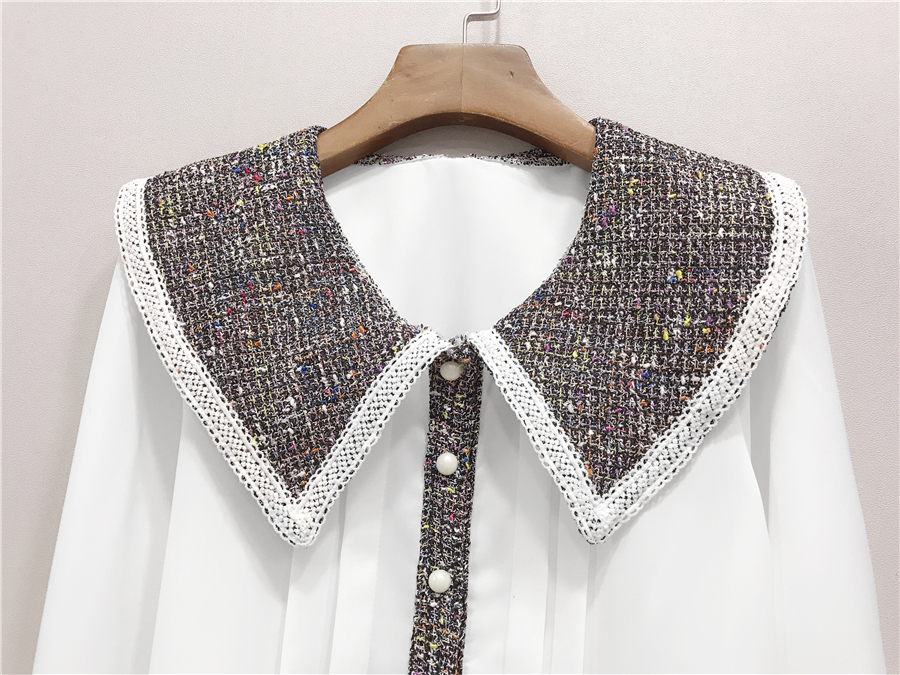 Ladies Fashion Tweed 2 Piece Set Women Autumn New Peter pan collar Stitching Chiffon Shirt and Tweed High waist Mini Skirt Sets T200325