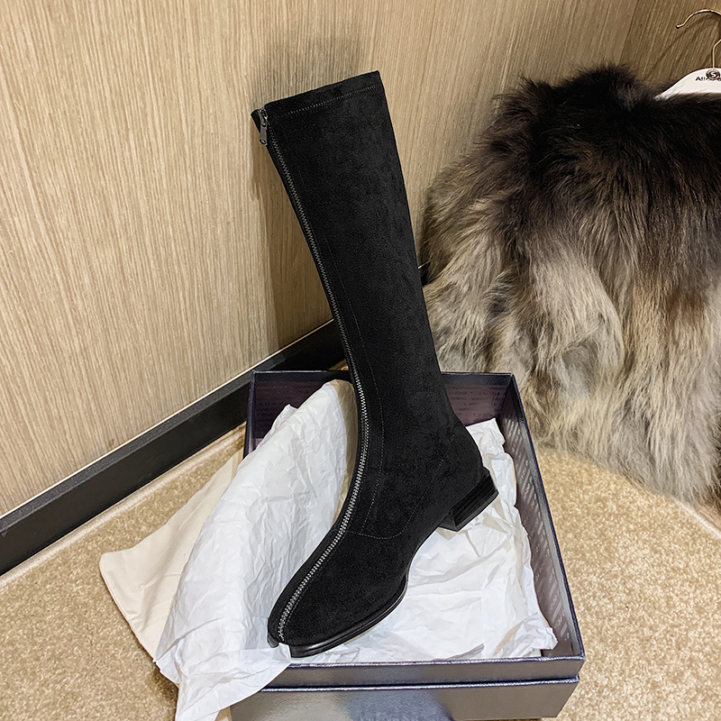 Woman at knee-boots high herd suede shoes stretch more size 22-26.5cm Length autumn and winter square foot toe zipper long boots 1388, Black-suede-winter 
Woman at knee-boots high herd suede shoes stretch more size 22-26.5cm Length autumn and winter square foot toe zipper long boots 1388, Black-suede-winter