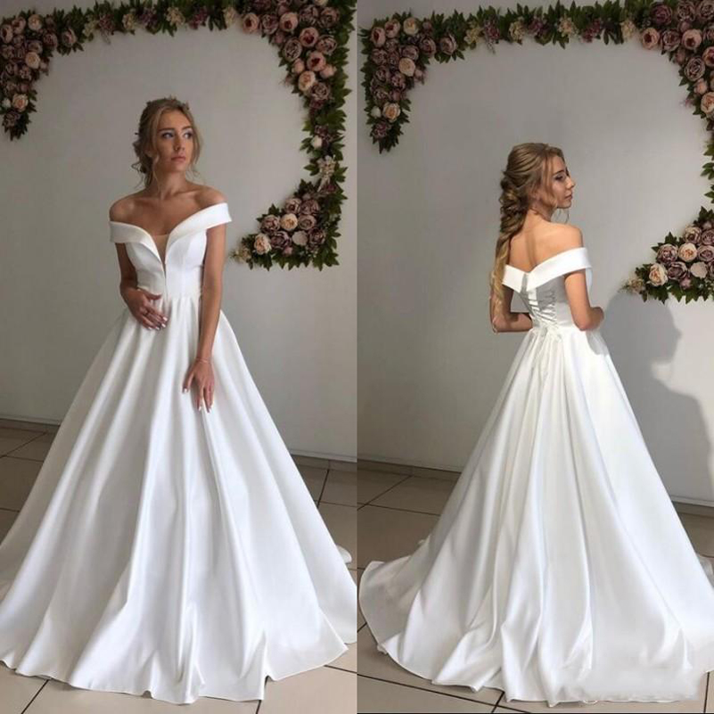Custom Made Off Shoulder Short Sleeves Wedding Dresses 2021 Lace Up Back Sweep Train Satin A Line Wedding Bridal Gowns, White
Custom Made Off Shoulder Short Sleeves Wedding Dresses 2021 Lace Up Back Sweep Train Satin A Line Wedding Bridal Gowns, White