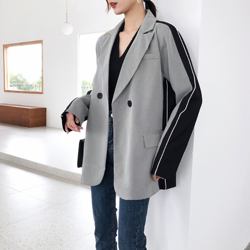 EAM Women Gray Brief Contrast Color Blazer Lapel Long Sleeve Loose Fit Jacket Fashion Spring Autumn 1Y535 201114