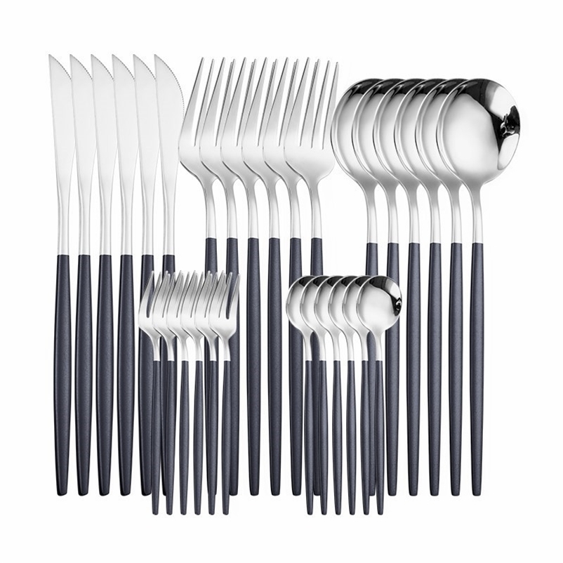 Home Tableware Dinner Sets Stainless Steel Cutlery Fork Spoon Knife 30 Piece Cutlery Set Black Silver European Dinnerware Set 201128
Home Tableware Dinner Sets Stainless Steel Cutlery Fork Spoon Knife 30 Piece Cutlery Set Black Silver European Dinnerware Set 201128