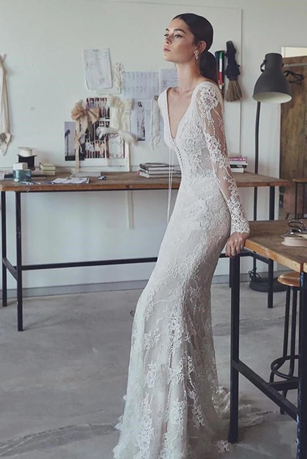 Vintage Lace Floral 1920s' Mermaid Long Sleeve Wedding Dresses With Pearls V-neck Sweep Train Country Bridal gown lihi hod