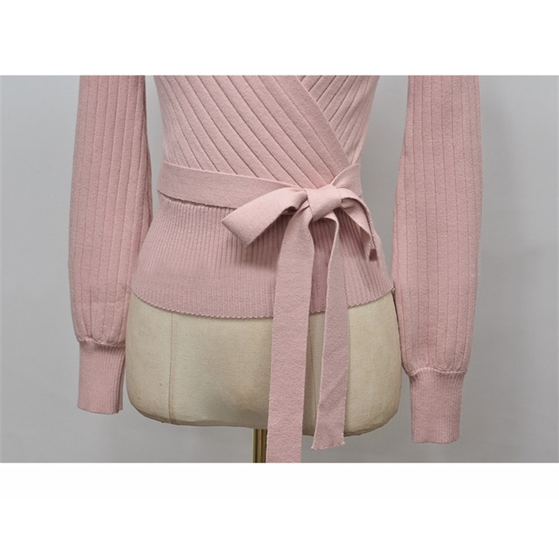 Elegant Pink V Neck Lantern Sleeve Lacing up Wrap Sweater Women Spring Fall Black OL Cardigan Knitted Jumper Ladies Tops 201120