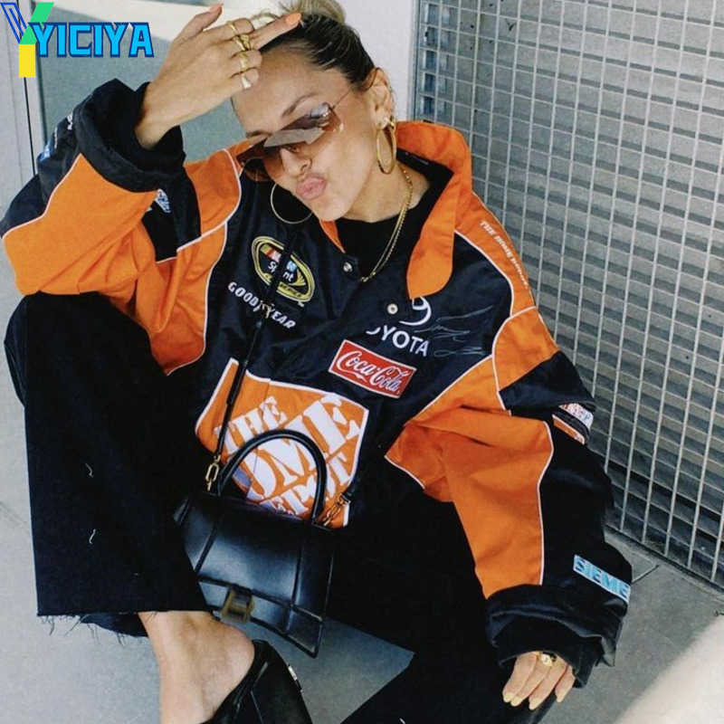 Jacket Orange Vintage Letter Printed Casual Long Sleeve Bomber Clothes Fall Baseball Coat Oversized Women's 2